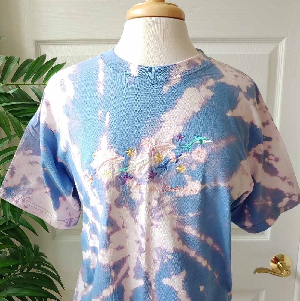 Yacht Club Tie Dye Nassau Bahamas Dolphin Short Sleeve Shirt Multicolor Blue M